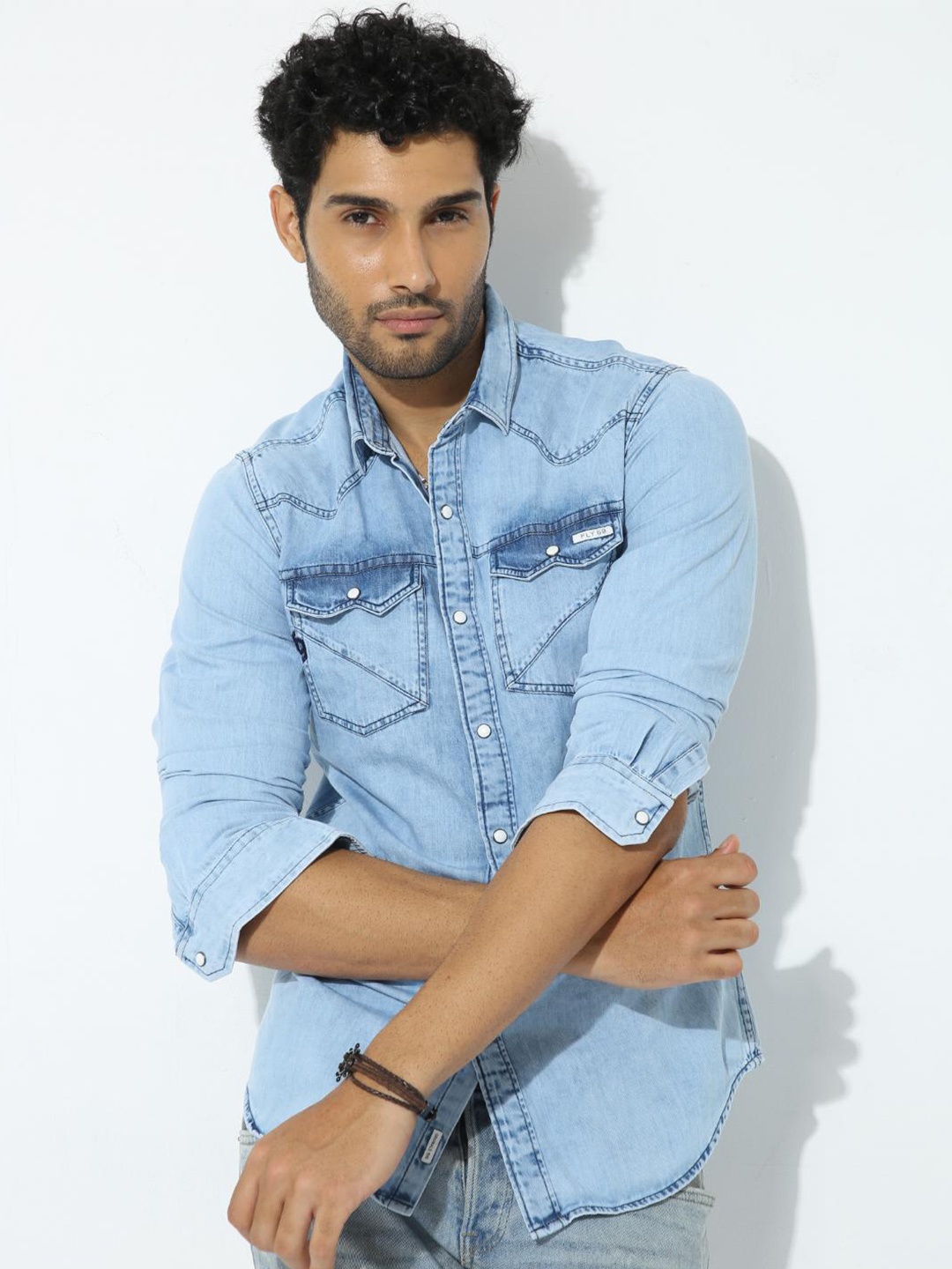 

FLY 69 Spread Collar Slim Fit Opaque Denim Casual Shirt, Blue
