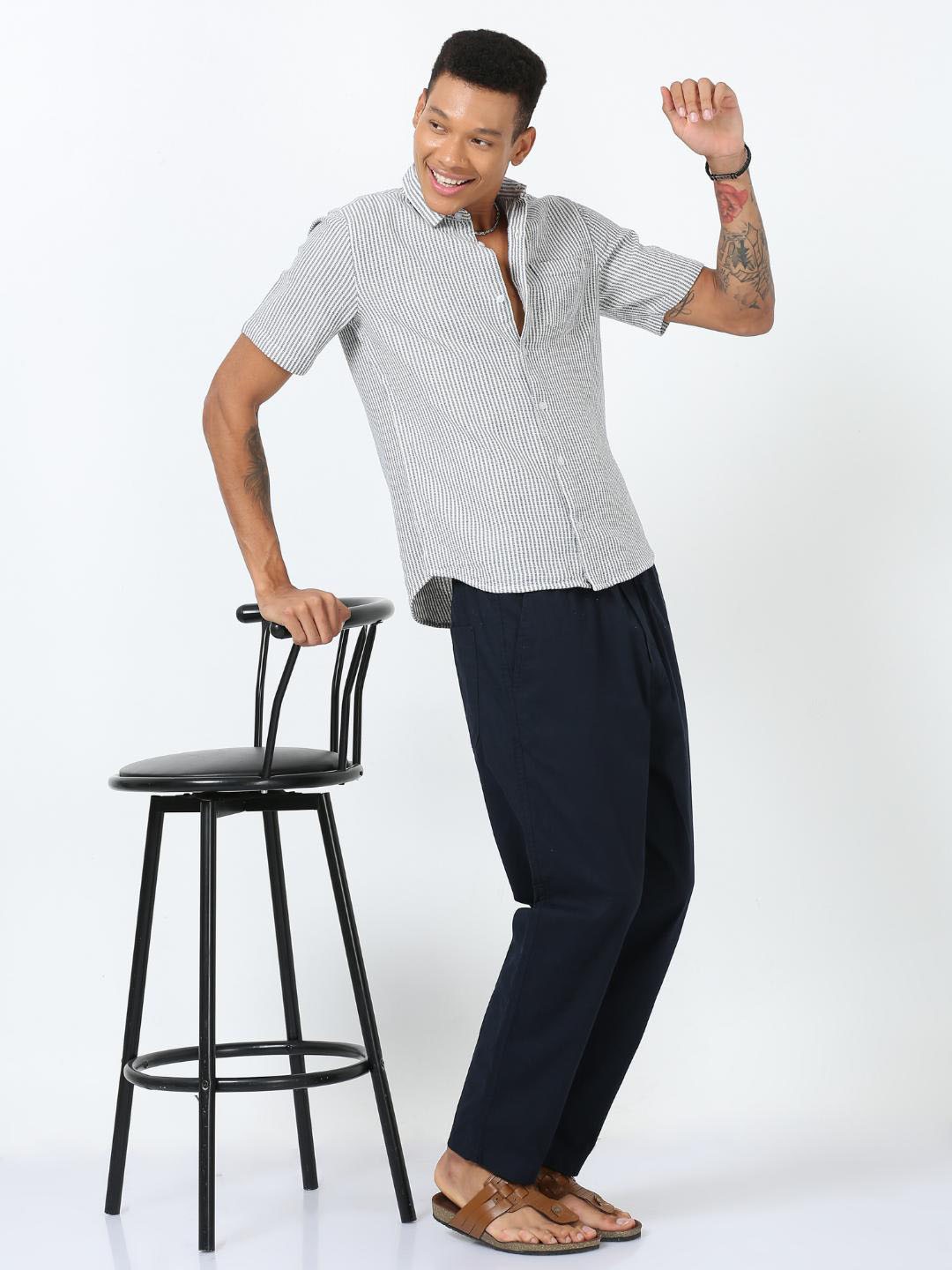 

FLY 69 Striped Slim Fit Linen Casual Shirt, Blue