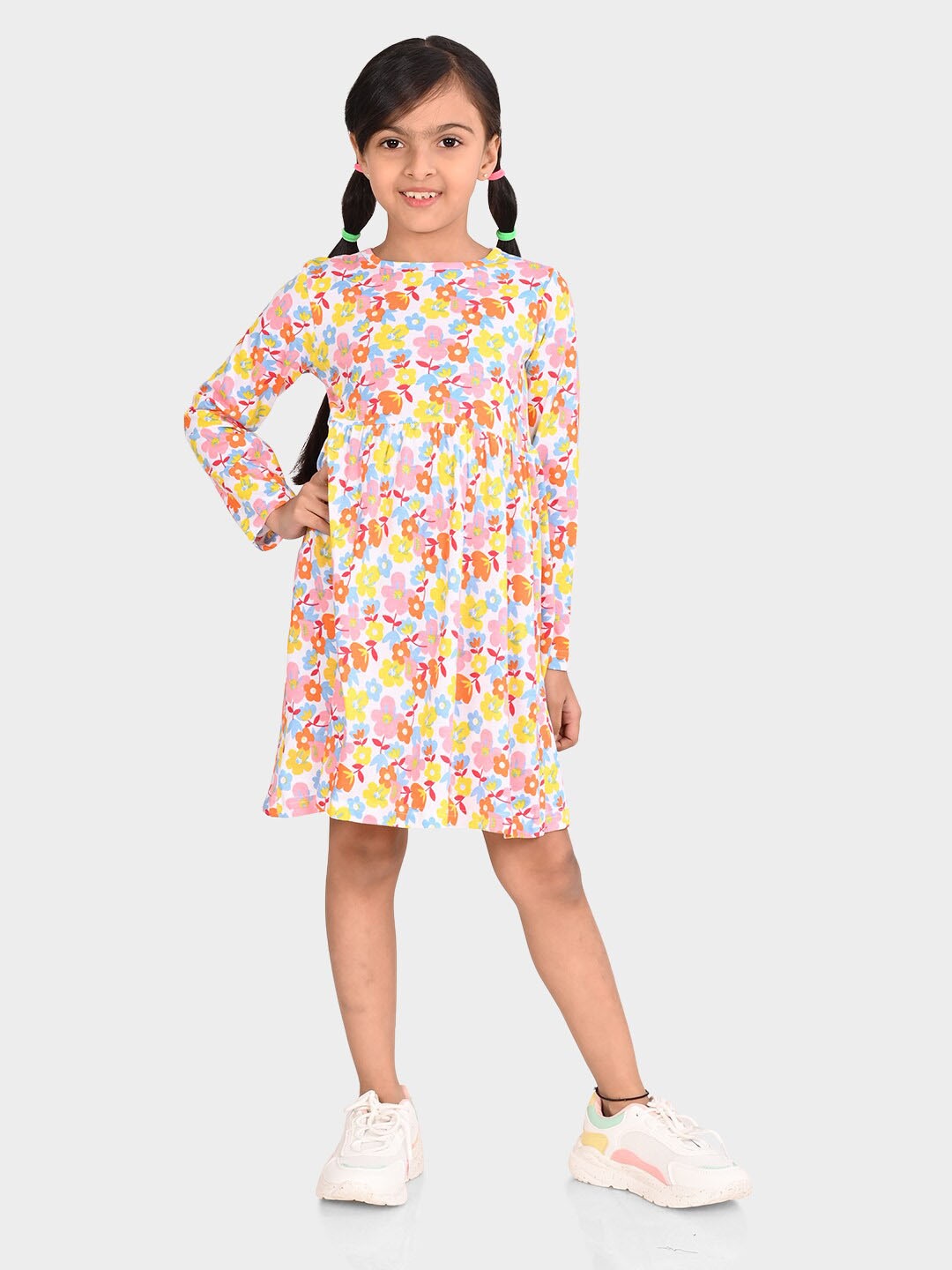 

BONKIDS Girls Floral Print Cotton A-Line Dress, Pink