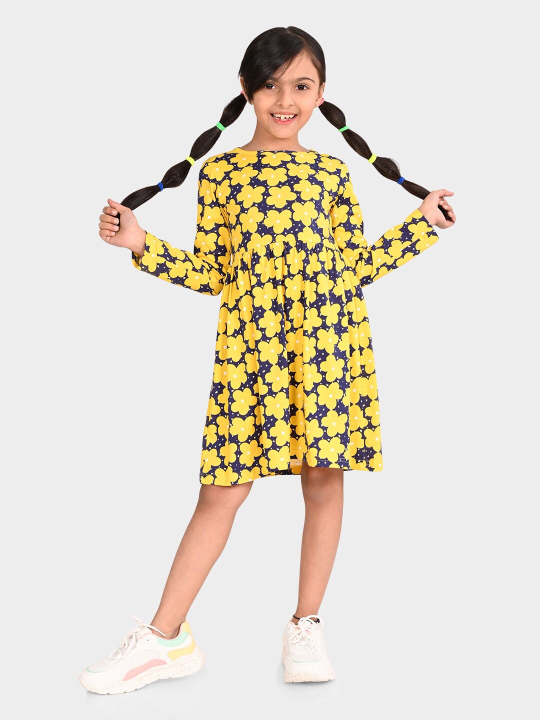 

BONKIDS Girls Floral Print Cotton Fit & Flare Dress, Yellow