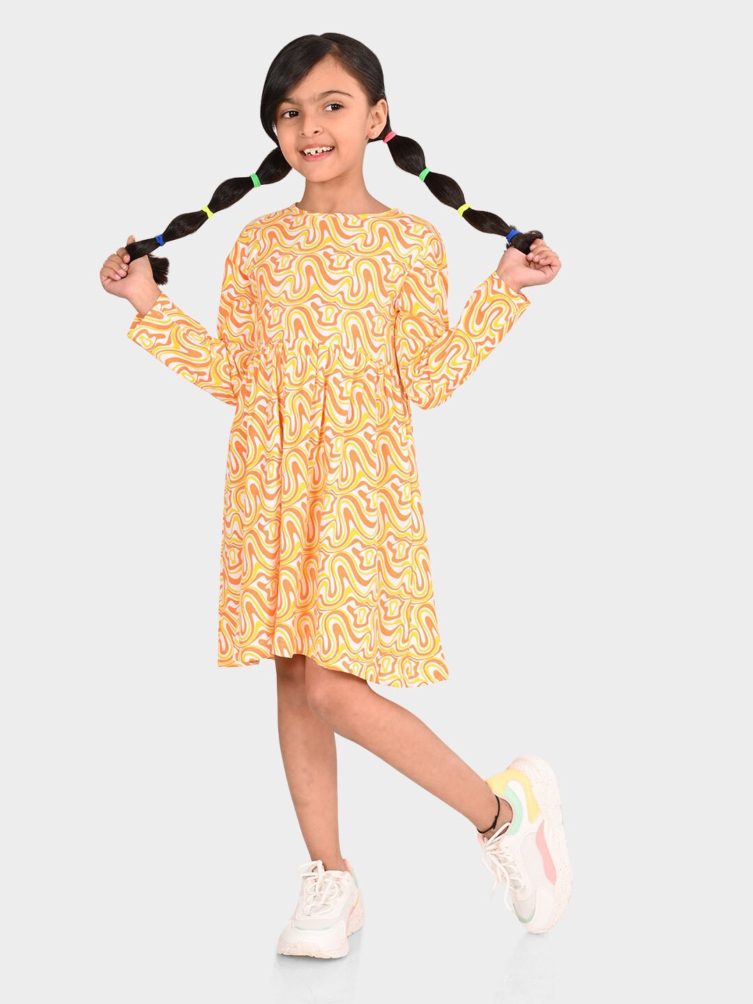 

BONKIDS Girls Abstract Cotton A-Line Dress, Yellow