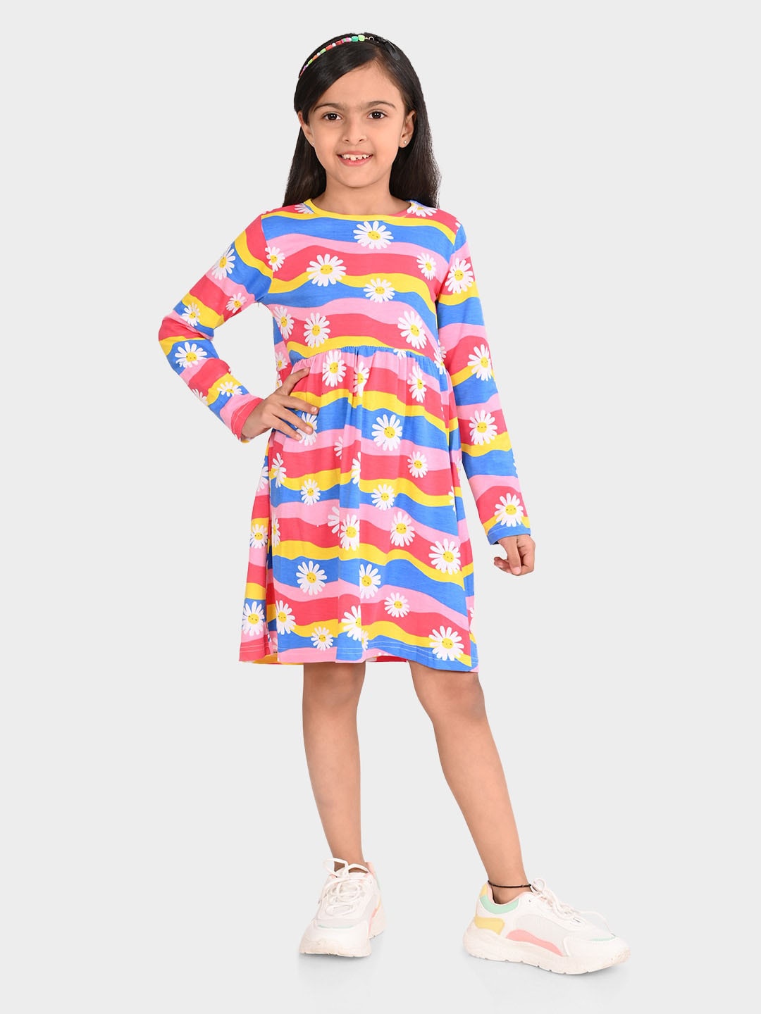 

BONKIDS Girls Striped Cotton Fit & Flare Dress, Blue