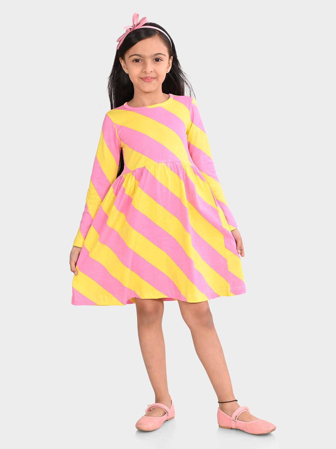 

BONKIDS Girls Cotton Striped A-Line Dress, Yellow