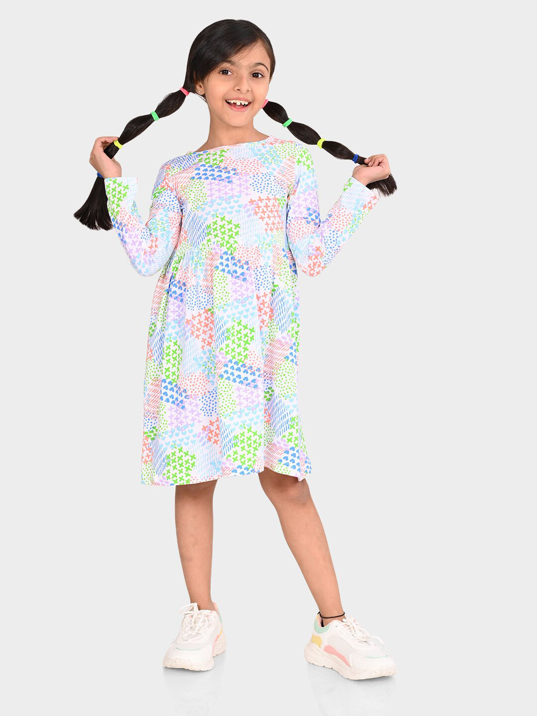 

BONKIDS Girls Abstract Printed Cotton A-Line Dress, White