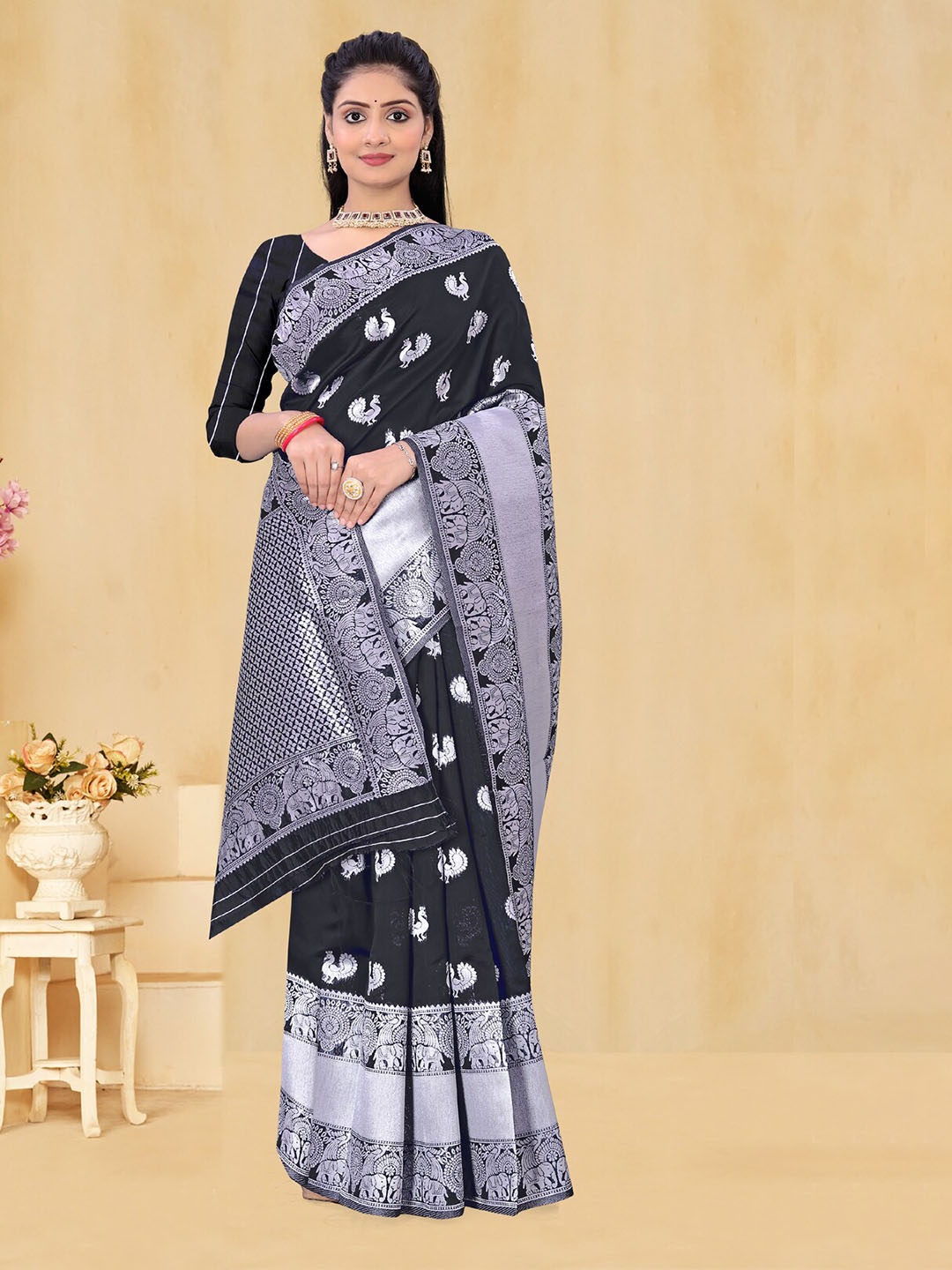 

RAJ DHARMA SILK Ethnic Motifs Woven Design Zari Silk Blend Paithani Saree, Black