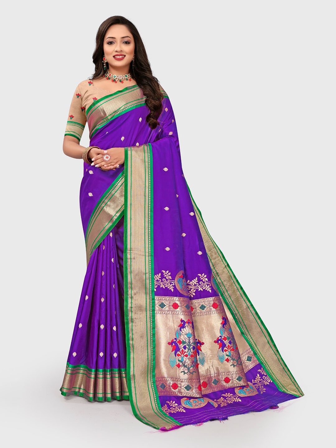 

RAJ DHARMA SILK Ethnic Motifs Woven Design Zari Silk Blend Paithani Saree, Purple