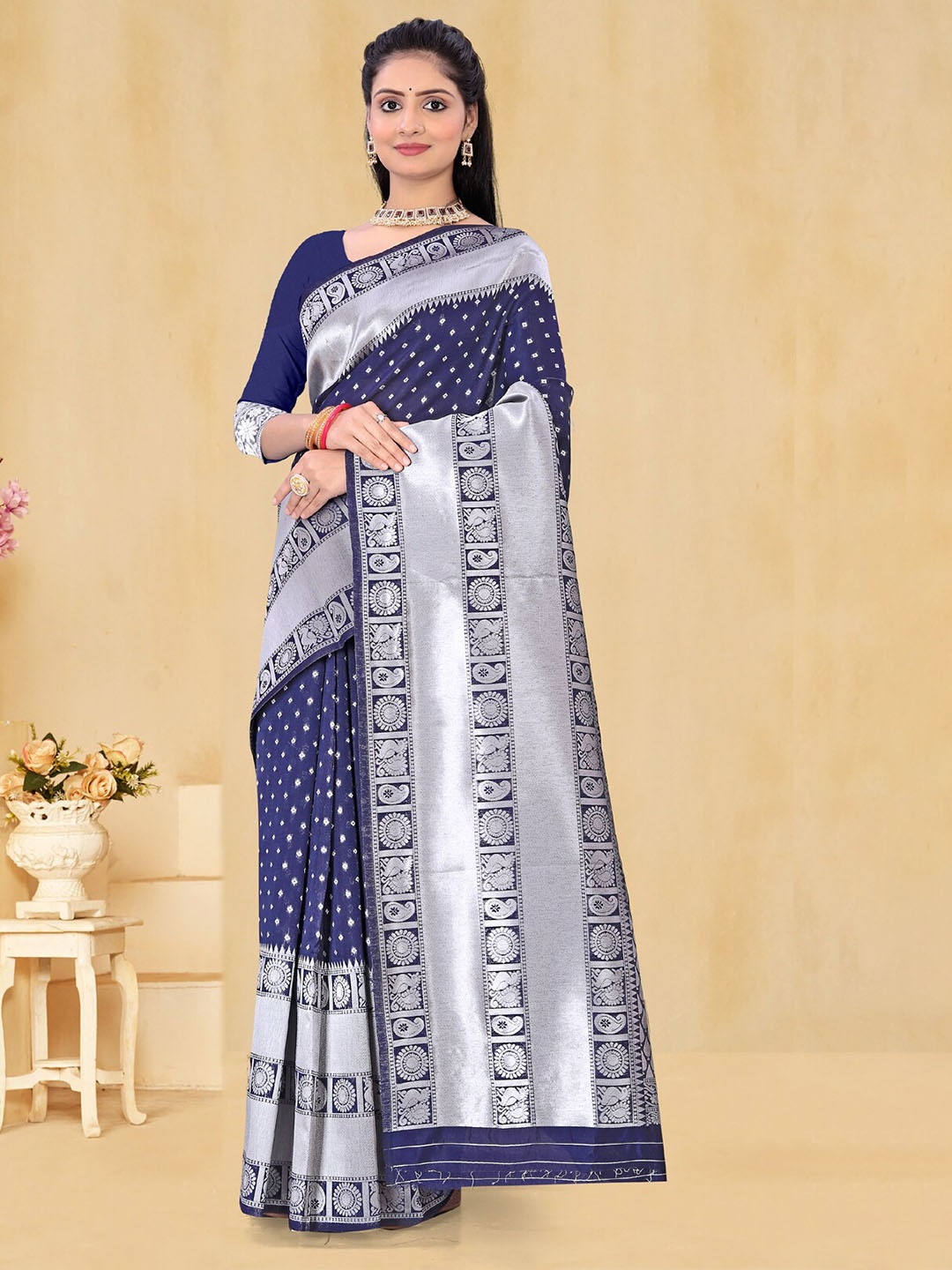 

RAJ DHARMA SILK Ethnic Motifs Woven Design Zari Silk Blend Paithani Saree, Navy blue