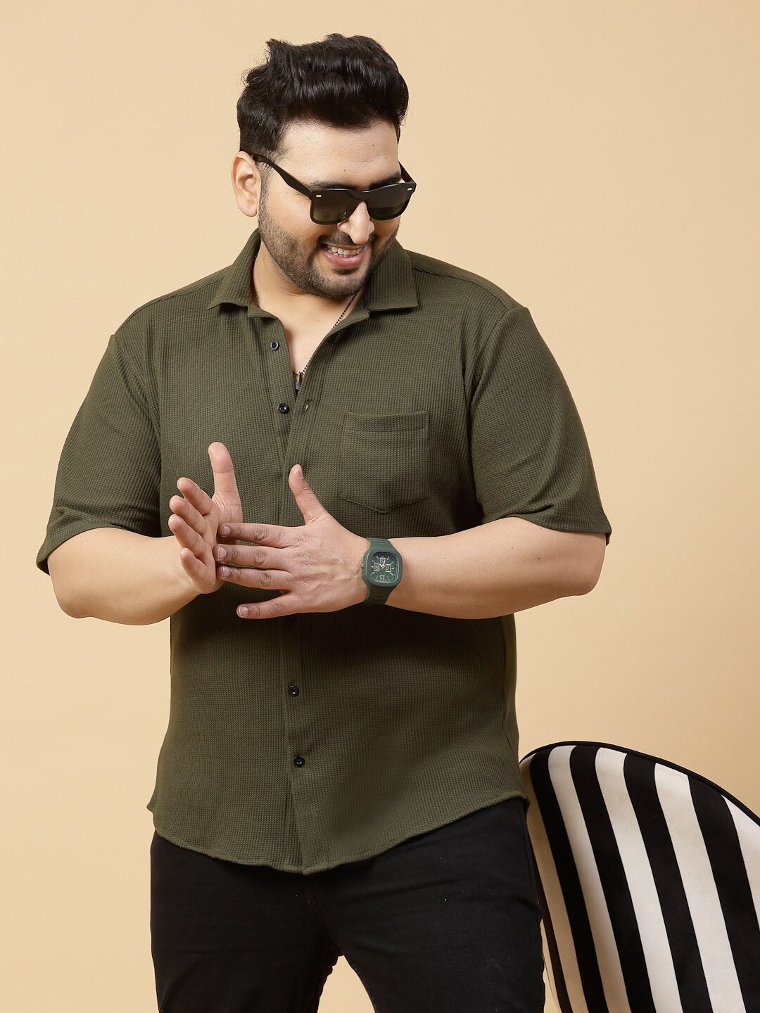 

Rigo Plus Size Waffle Knit Self Design Casual Shirt, Olive
