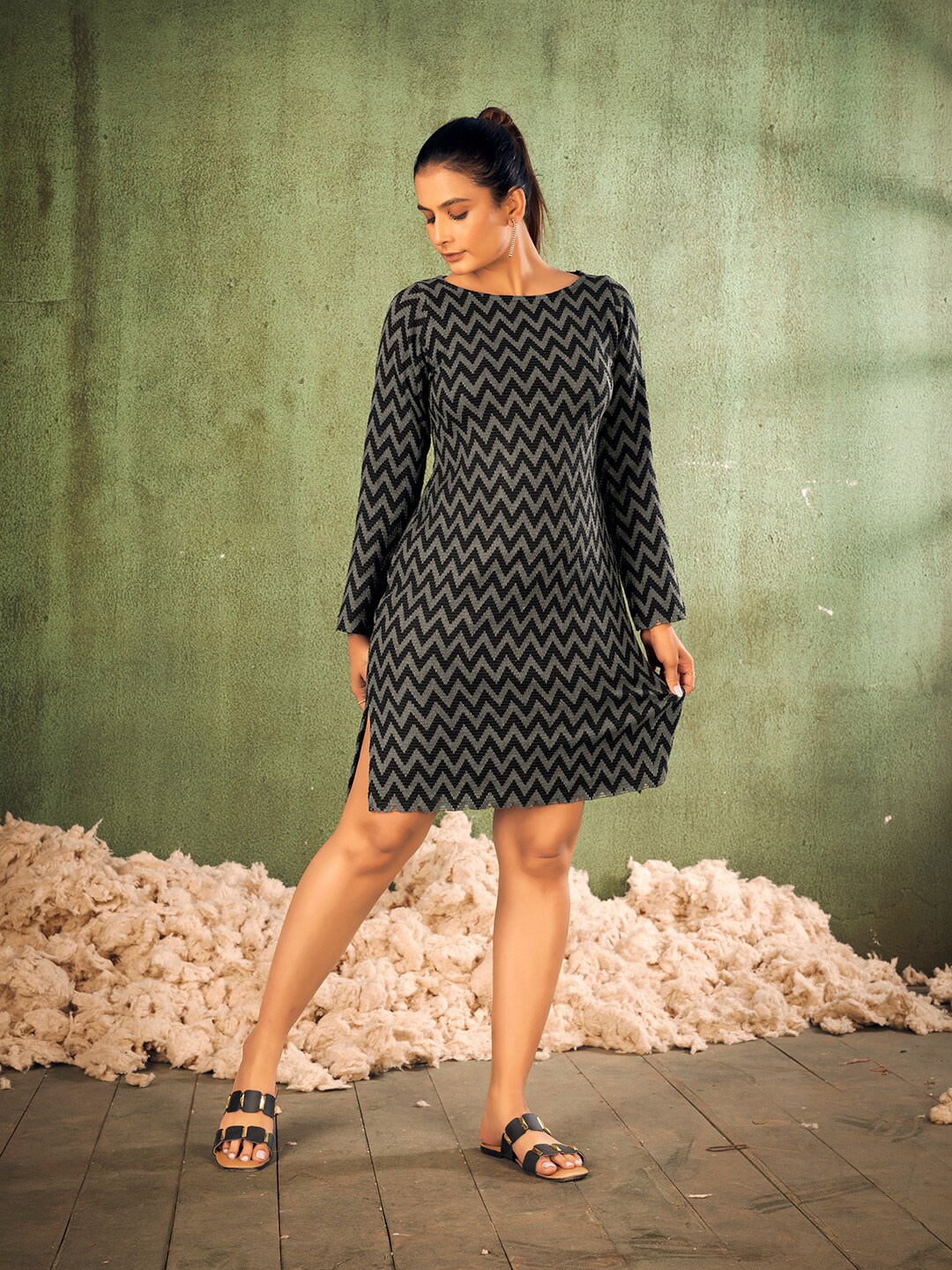 

Curvy Lane Plus Size Geometric Printed Cotton A-Line Dress, Black