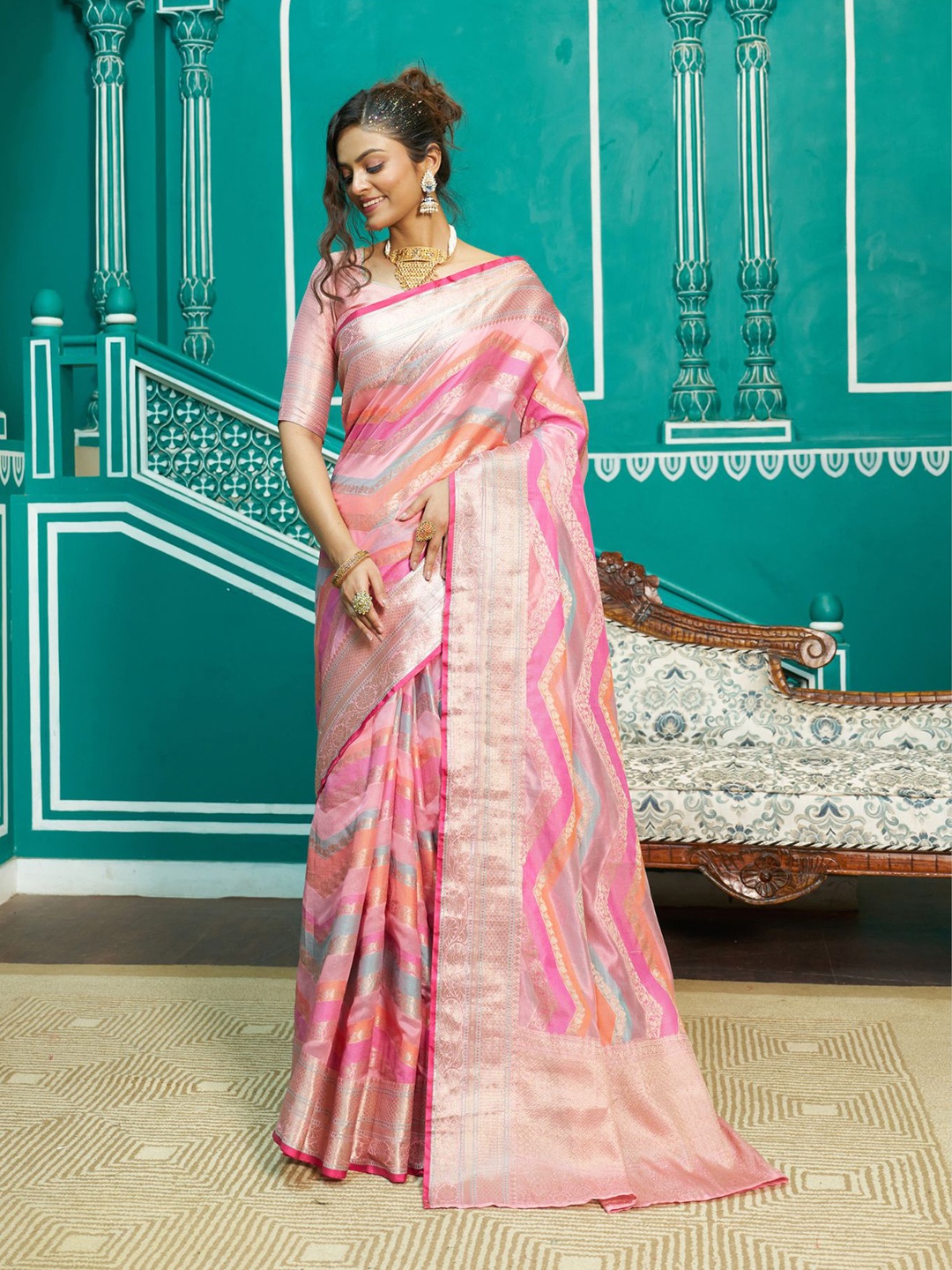 

SGF11 Ethnic Motifs Woven Design Zari Organza Kanjeevaram Silk Saree, Pink