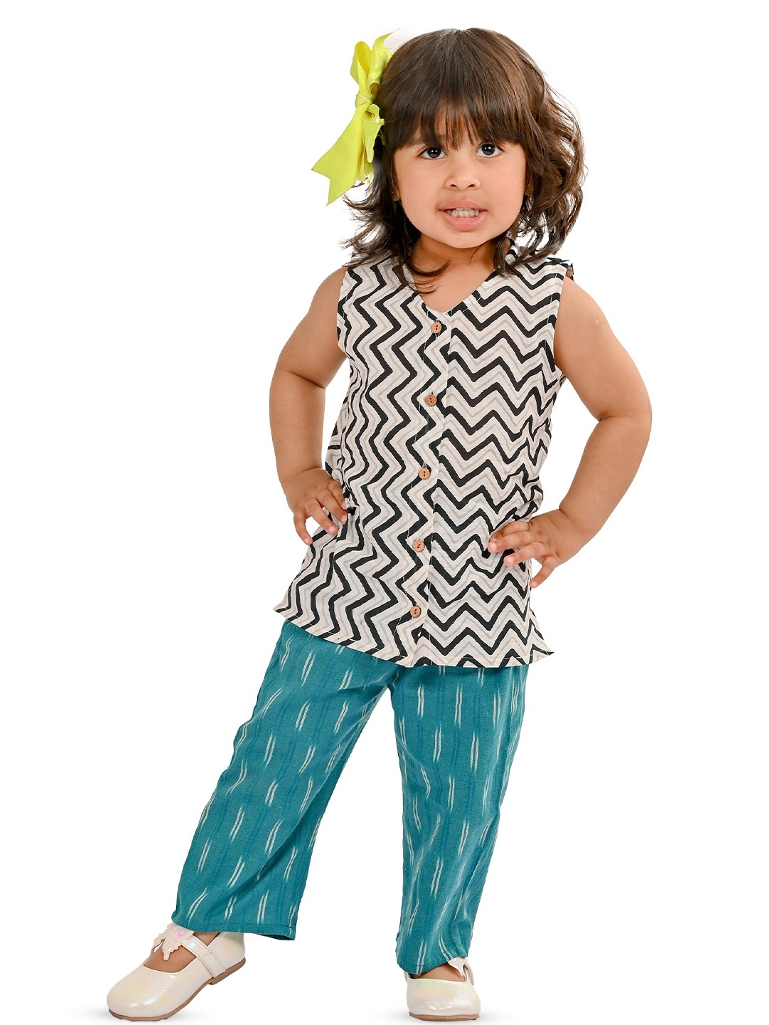 

Tiny Bunnies Girls Geometric Printed Pure Cotton Top with Trousers, White