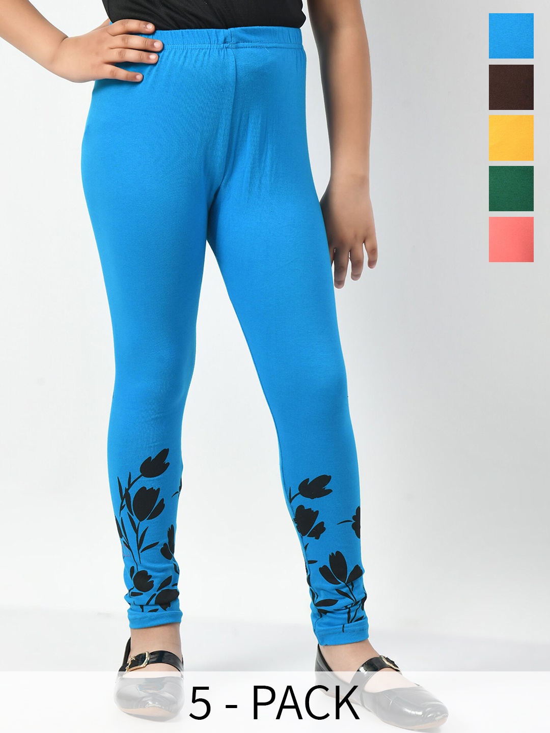 

BAESD Girls Pack Of 5 Printed Hem Skin-Friendly Cotton Churidar-Length Leggings, Green