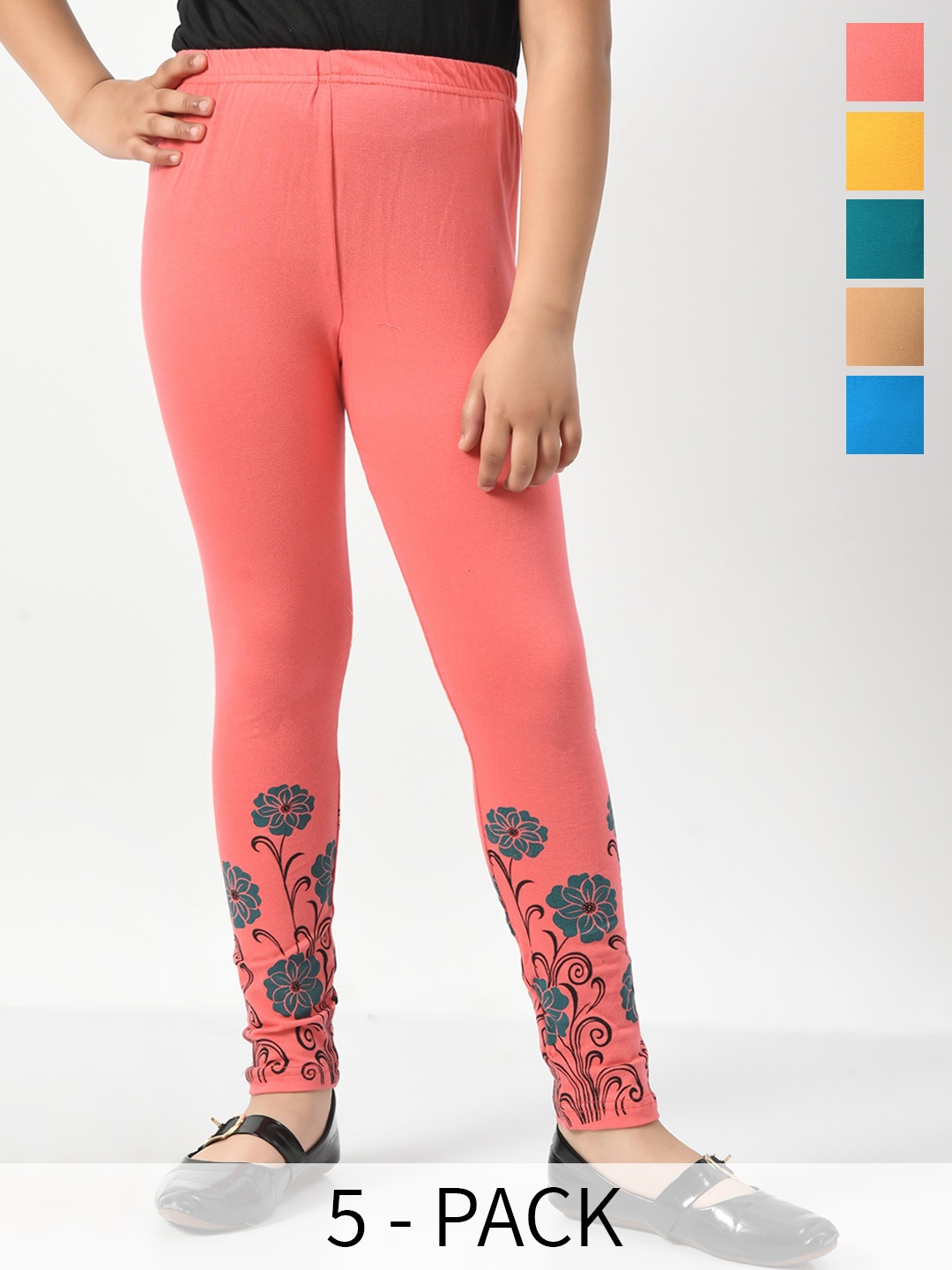 

BAESD Girls Pack Of 5 Printed Hem Skin-Friendly Cotton Churidar-Length Leggings, Beige