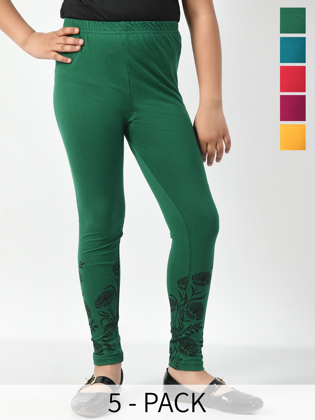 

BAESD Girls Pack Of 5 Printed Hem Skin-Friendly Cotton Churidar-Length Leggings, Green
