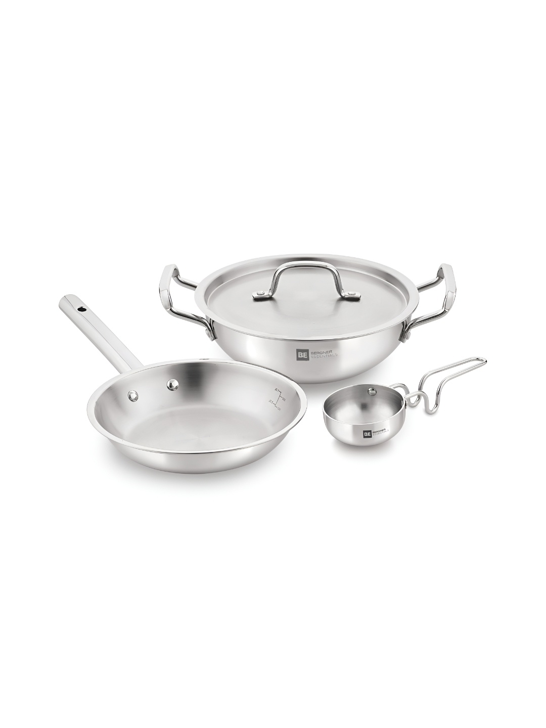 

BERGNER BE Essential TriPly Set Kadai 2L Frypan 1.1L Tadka Pan 1 Lid, Silver