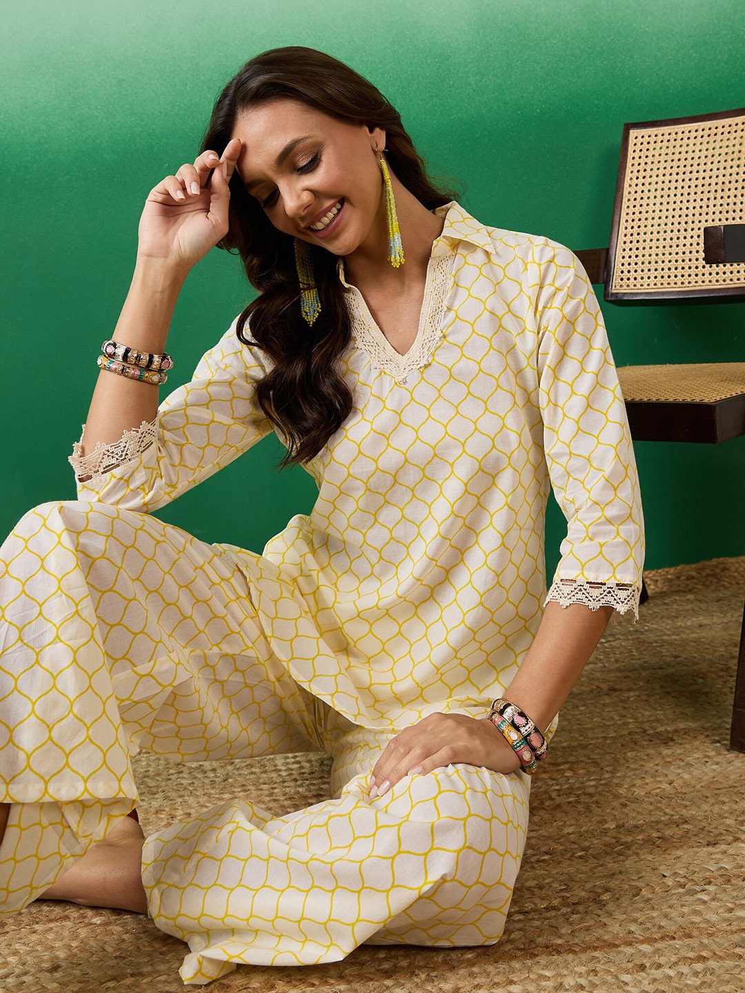 

Sangria Geometric Printed Pure Cotton Tunic With Palazzo Co-Ords, Yellow