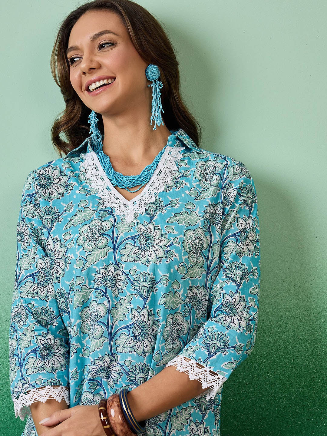 

Sangria Floral Printed Pure Cotton Shirt Collar Tunic With Palazzo, Blue