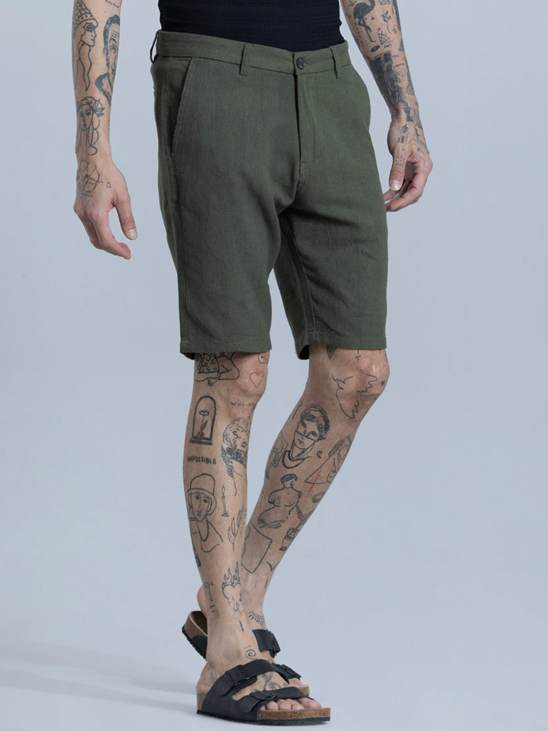 

Snitch Olive Green Men Slim Fit Cotton Shorts