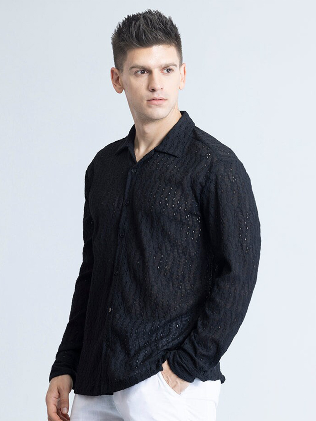 

Snitch Classic Textured Spread Collar Long Sleeves Slim Fit Casual Shirt, Black