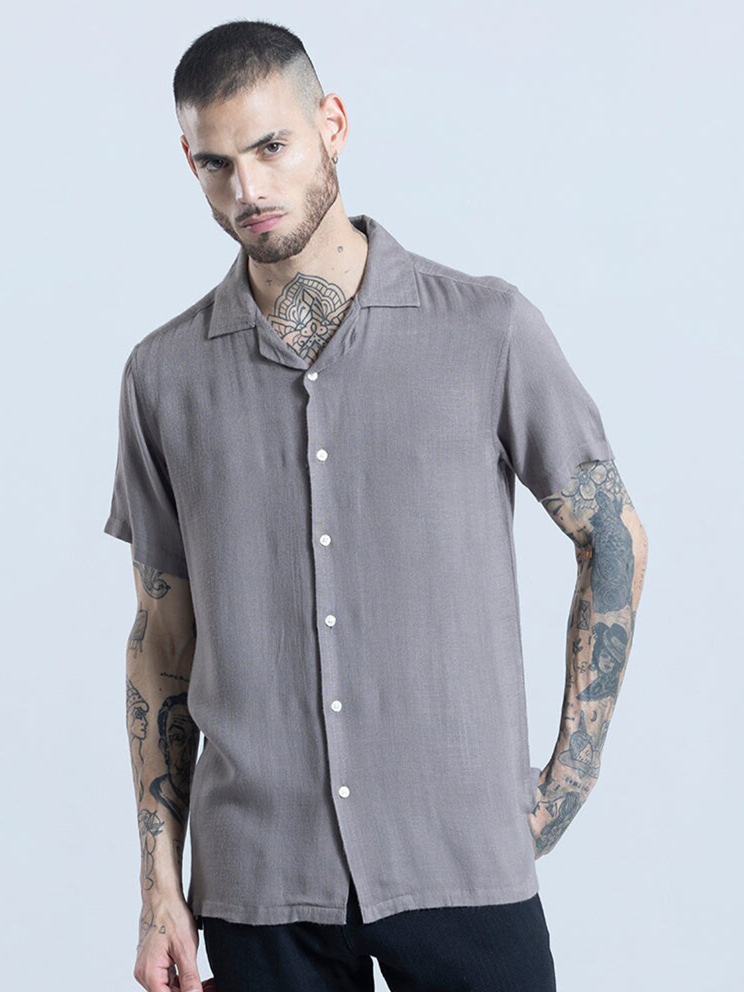 

Snitch Classic Spread Collar Short Sleeves Tailored Fit Linen Casual Shirt, Grey
