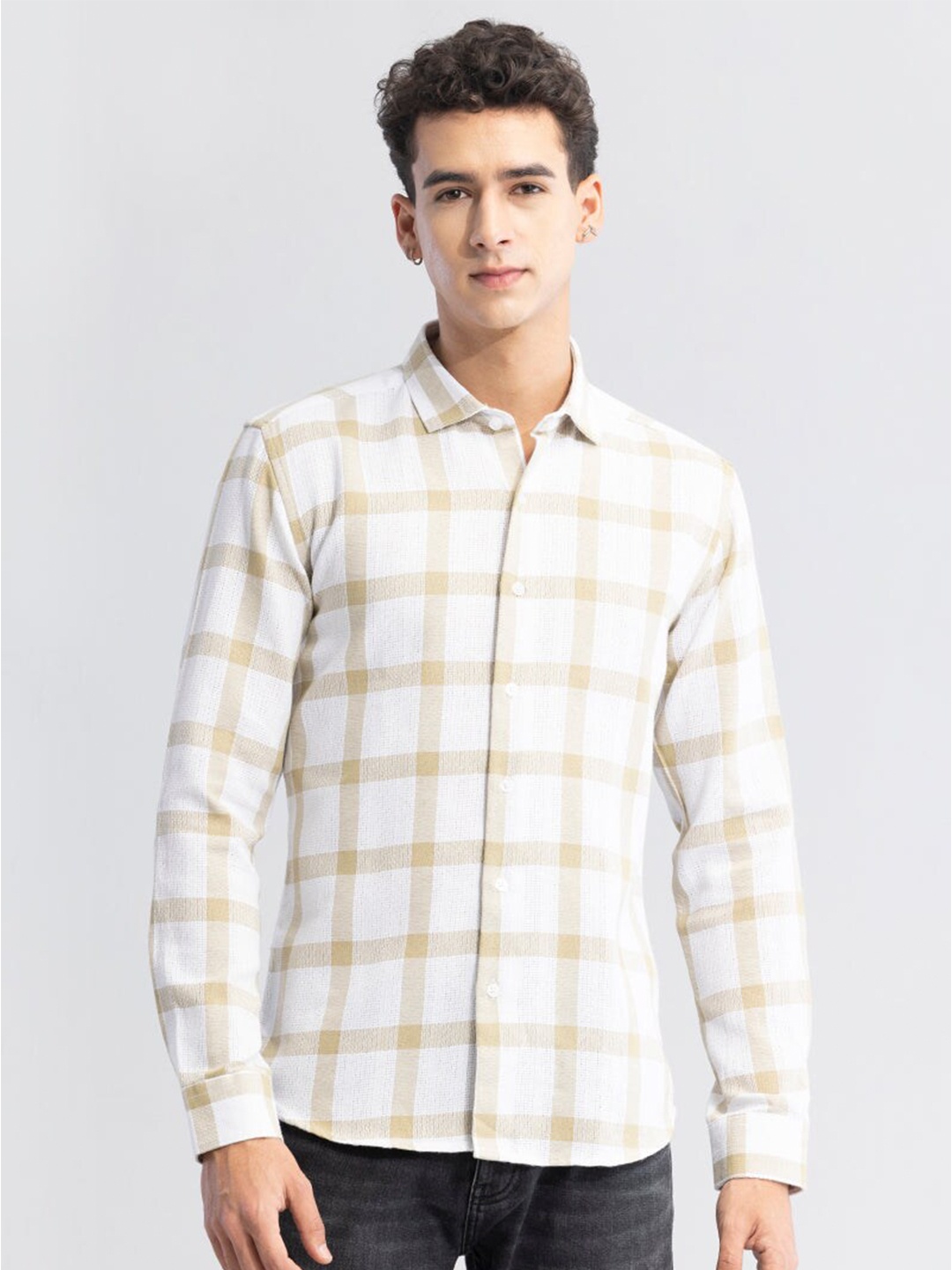 

Snitch Classic Slim Fit Opaque Checked Cotton Casual Shirt, White