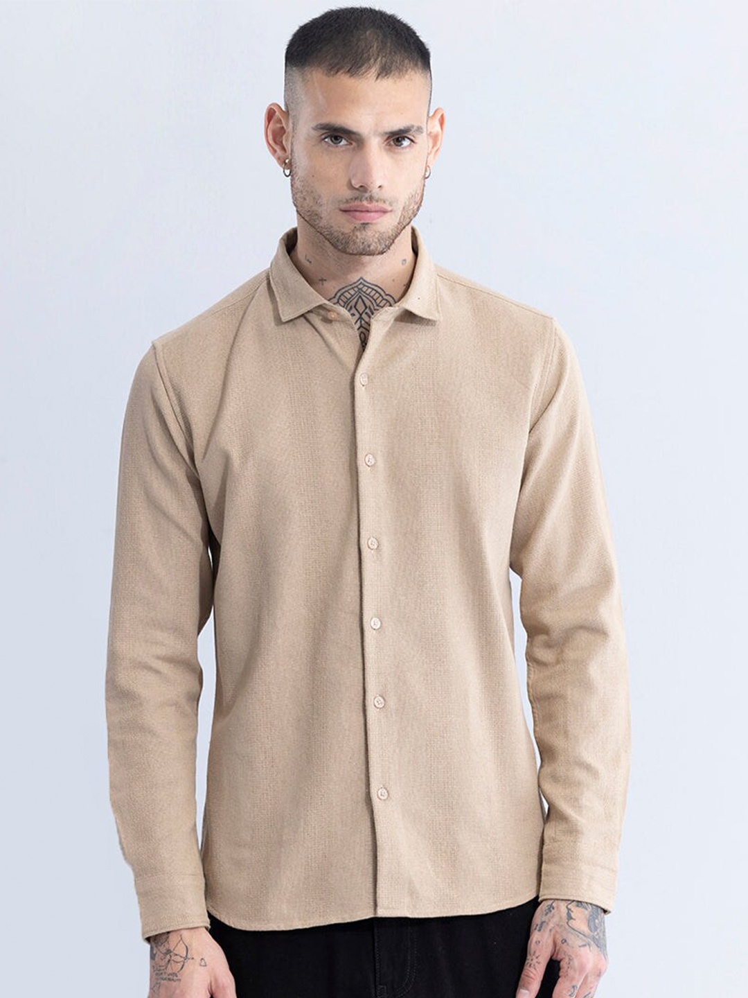 

Snitch Classic Textured Self Design Spread Collar Slim Fit Cotton Casual Shirt, Beige