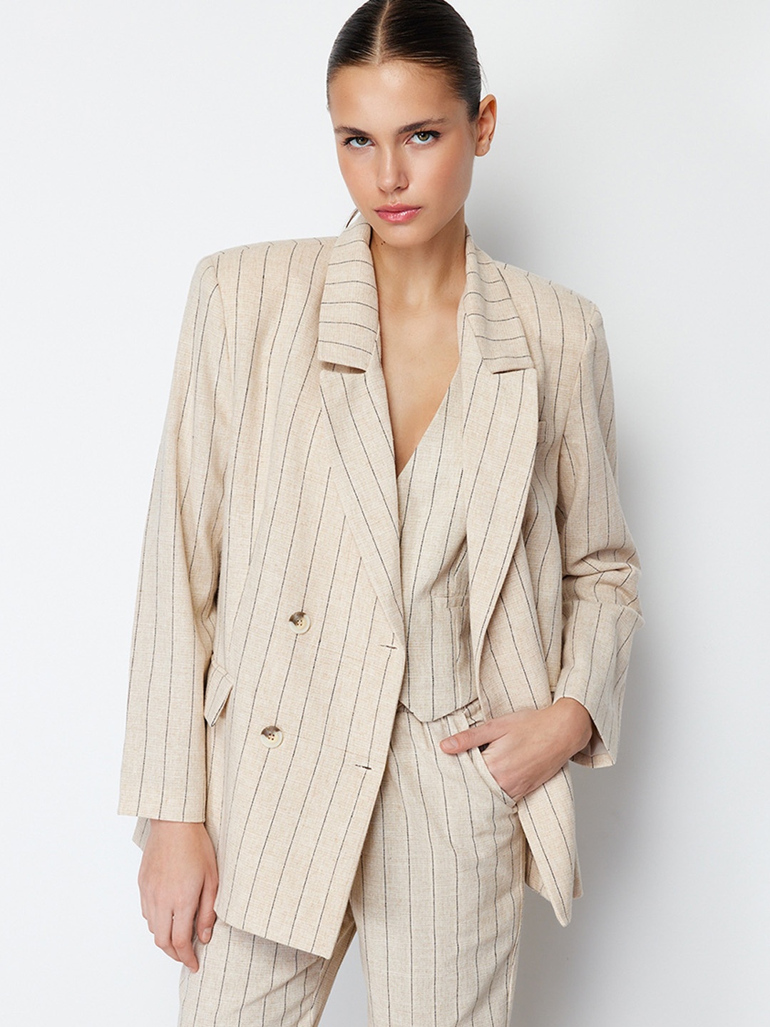 

Trendyol Striped Notched Lapel Collar Long Sleeves Single Breasted Blazer, Beige