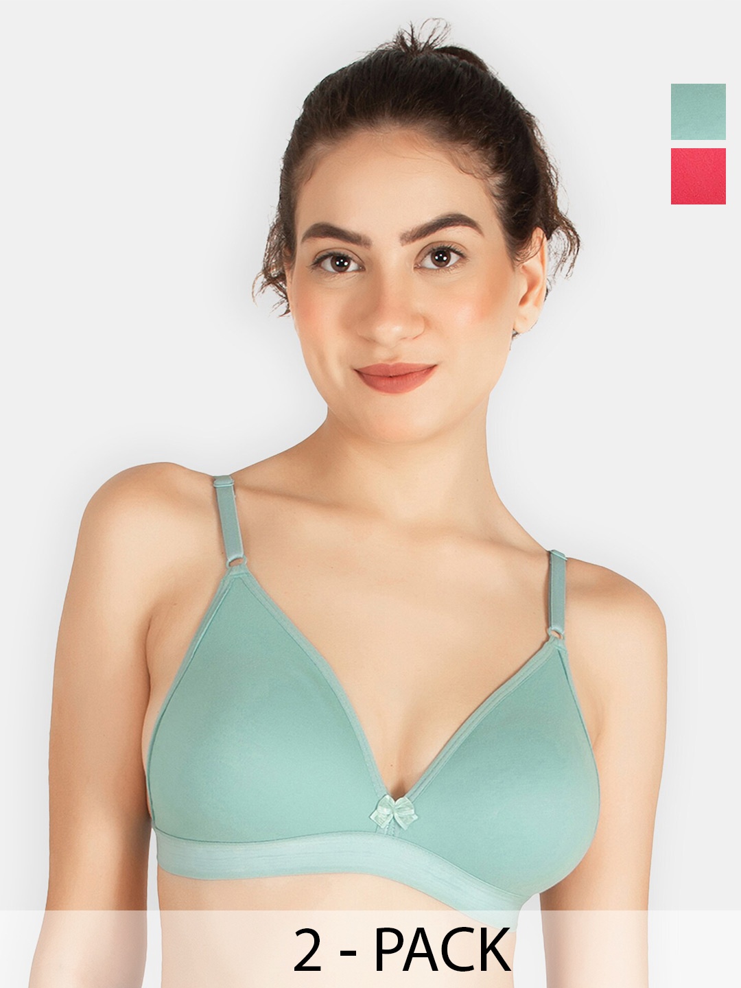 

TOFTY Pack Of 2 Half Coverage Non Padded Cotton Plunge Bra- All Day Comfort, Pink