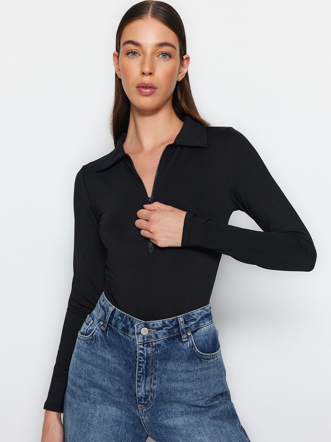

Trendyol Self Design Polo Collar Bodysuit, Black
