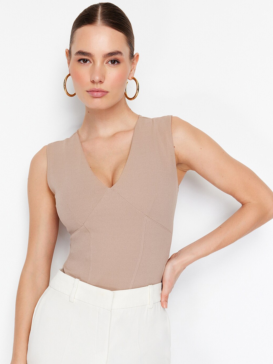 

Trendyol Self Design V-Neck Bodysuit, Beige