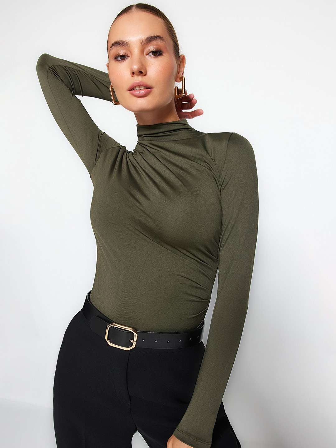 

Trendyol High Neck Pleated Bodysuit, Olive