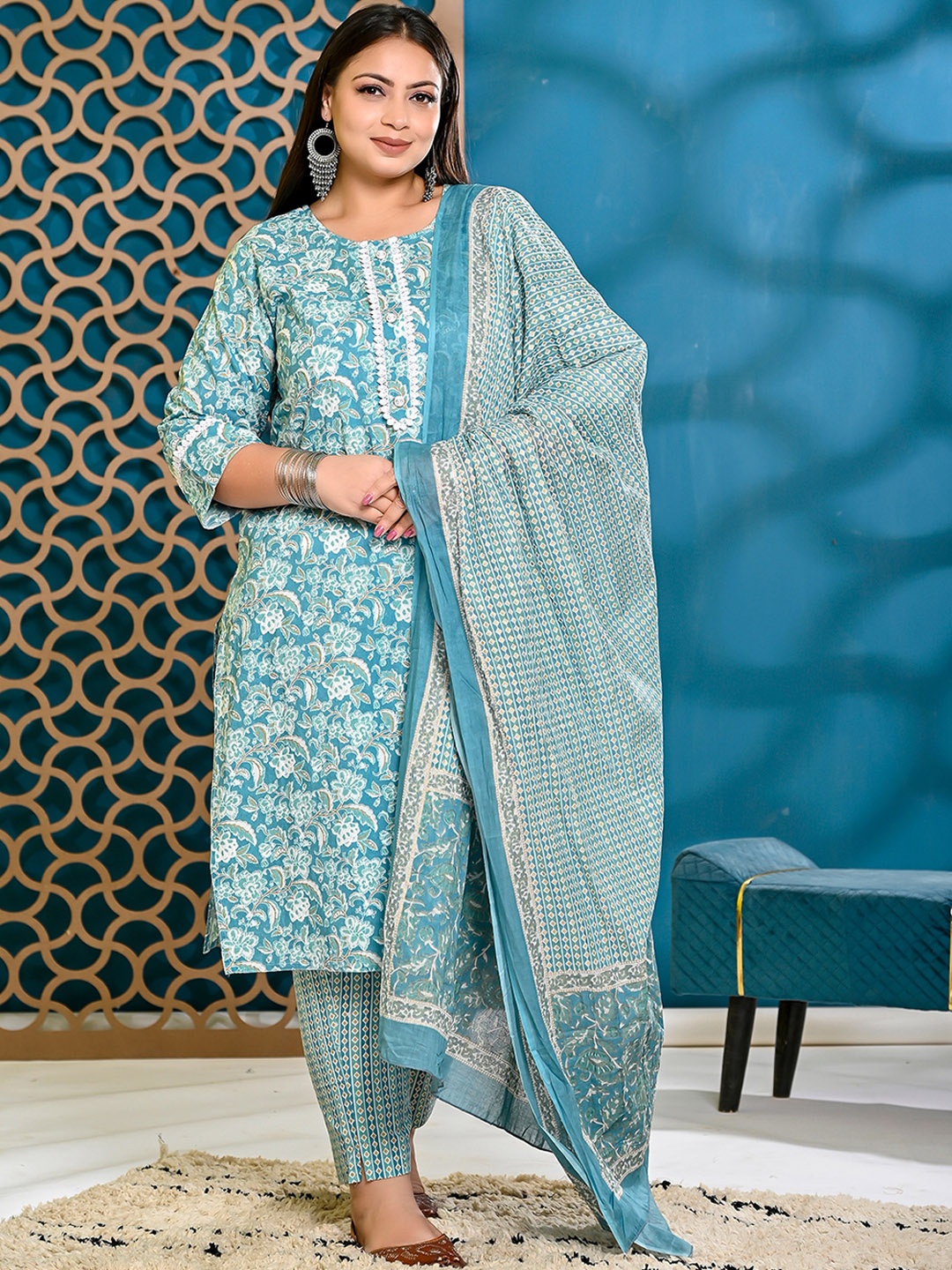 

PUMPUI Floral Printed Pure Cotton Kurta with Trousers & With Dupatta, Blue