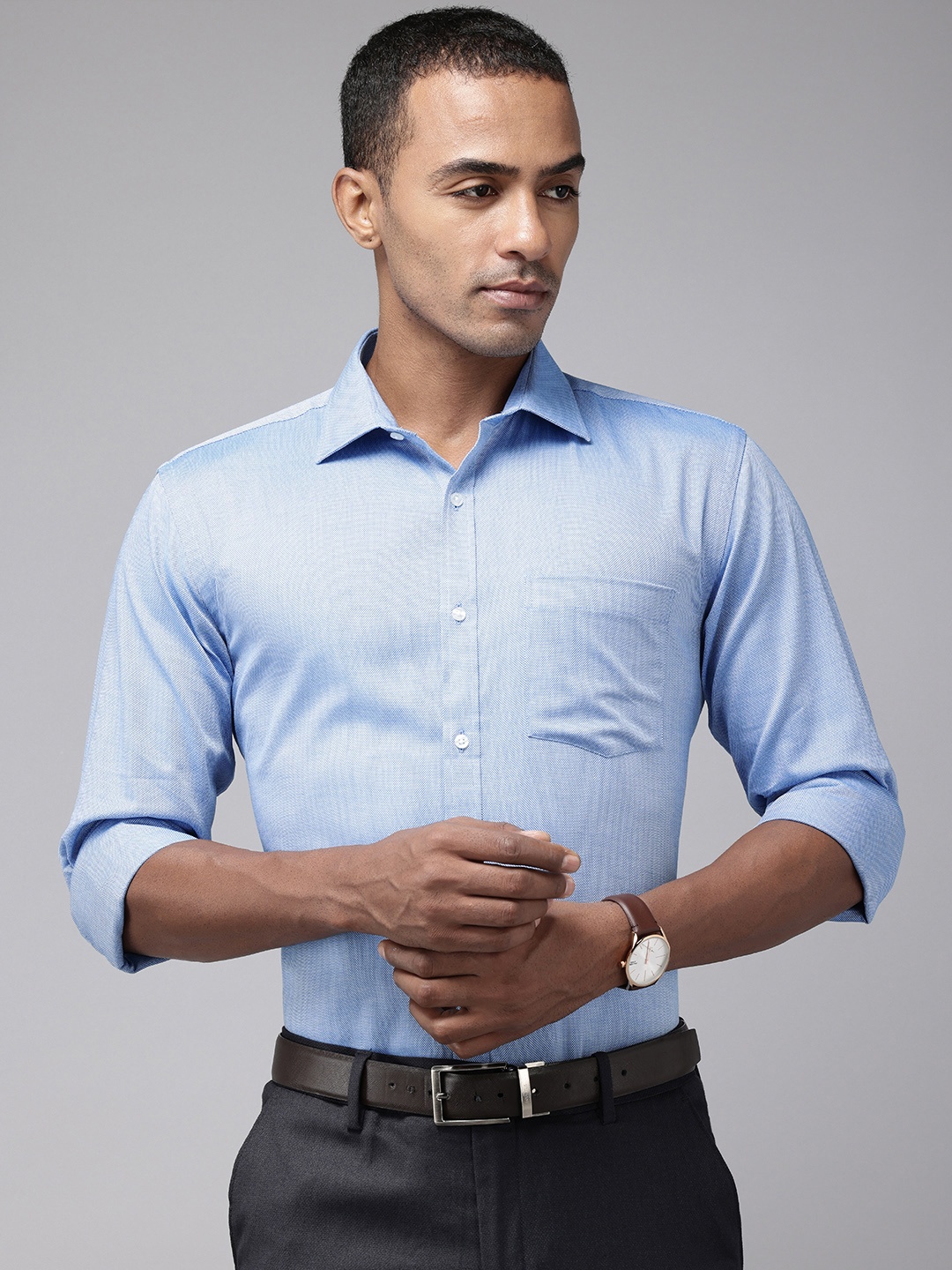 

Park Avenue Pure Cotton Self Design Textured Slim Fit Opaque Formal Shirt, Blue