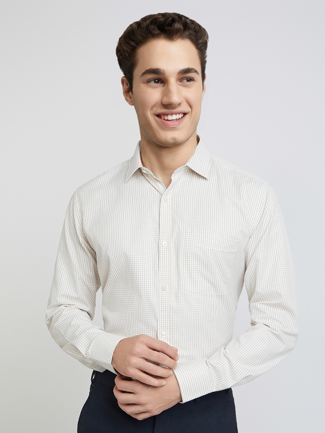 

Park Avenue Slim Fit Windowpane Checks Formal Shirt, Beige