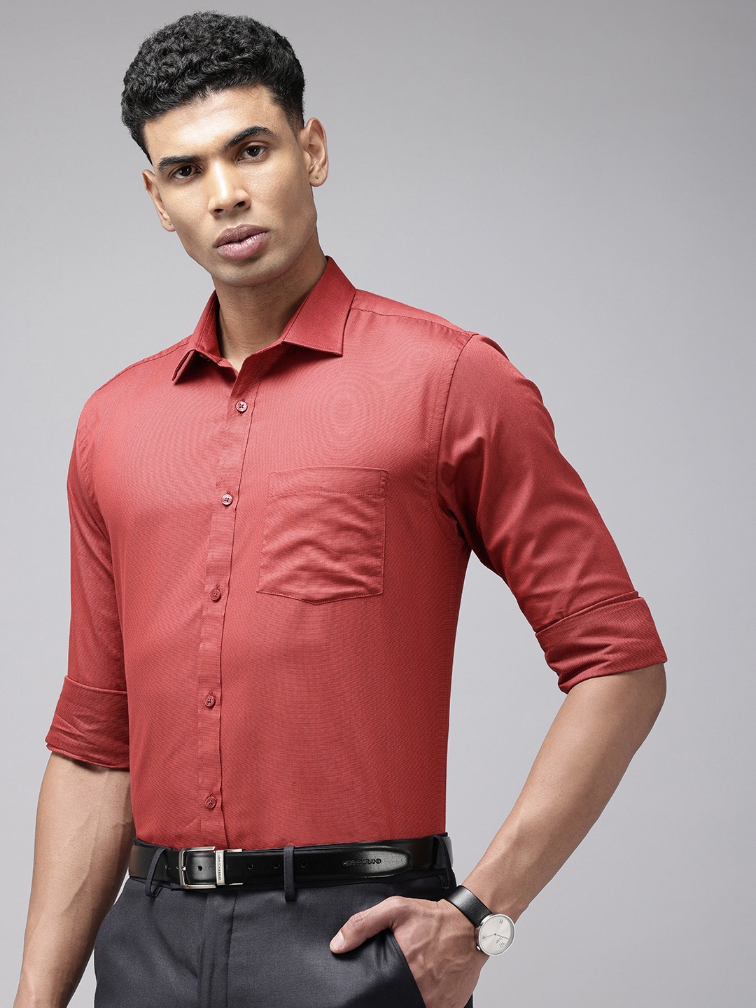 

Park Avenue Self Design Textured Slim Fit Opaque Formal Shirt, Maroon