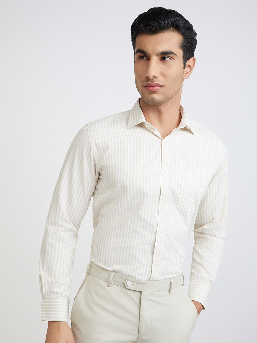 

Park Avenue Slim Fit Striped Formal Shirt, Beige