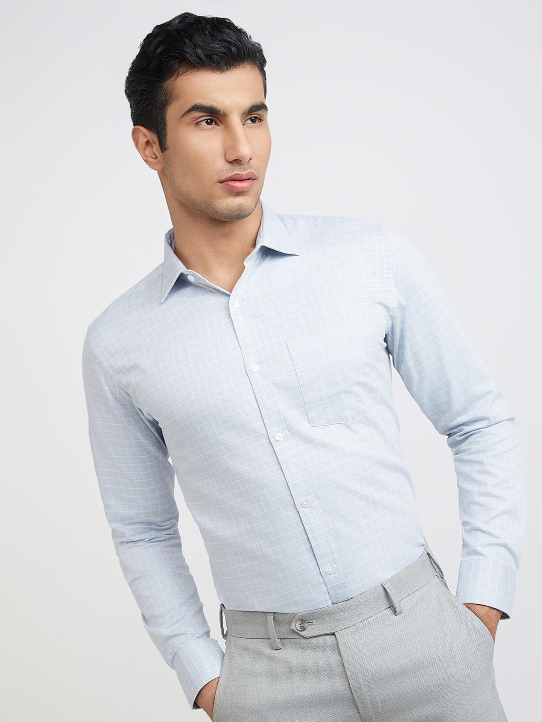 

Park Avenue Slim Fit Windowpane Checks Pure Cotton Formal Shirt, Grey