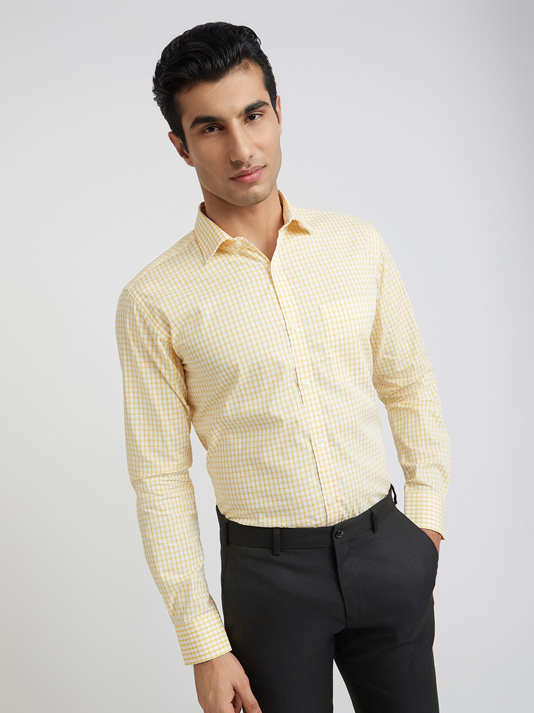 

Park Avenue Slim Fit Gingham Checks Pure Cotton Formal Shirt, Yellow