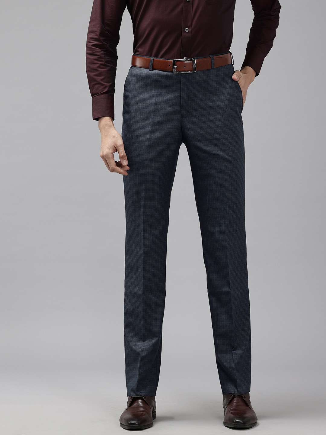 

Park Avenue Men Checked Formal Trousers, Navy blue