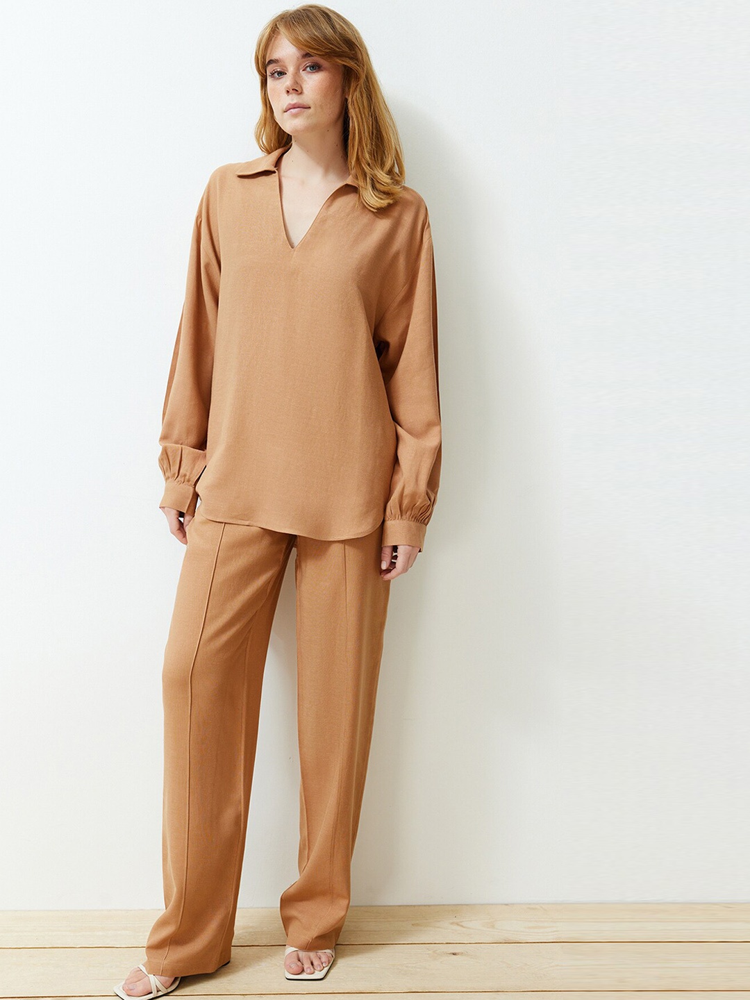 

Trendyol Shirt Collar Long Sleeves Top With Trousers, Camel brown