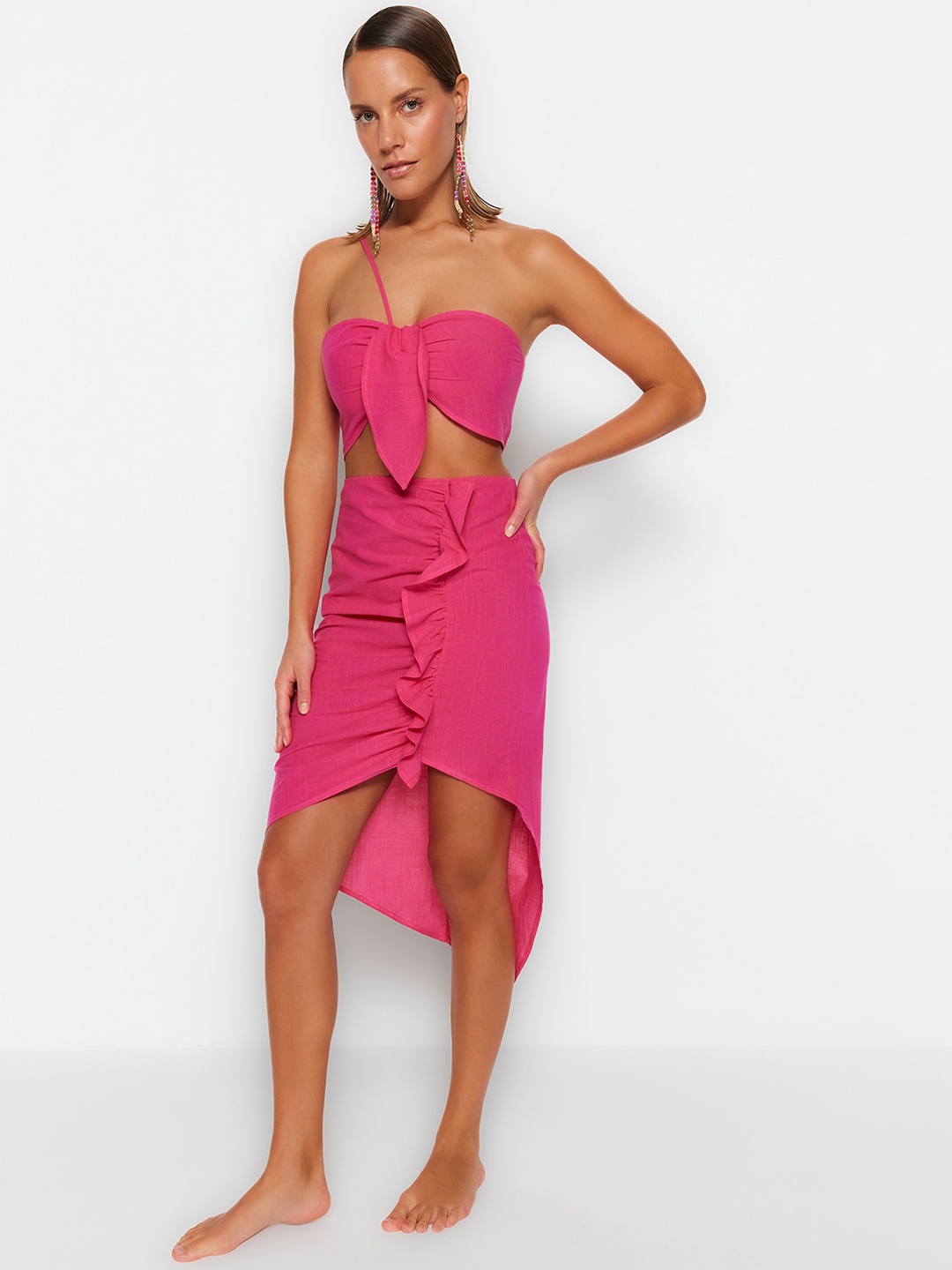 

Trendyol One Shoulder Pure Cotton Top With Skirt, Pink