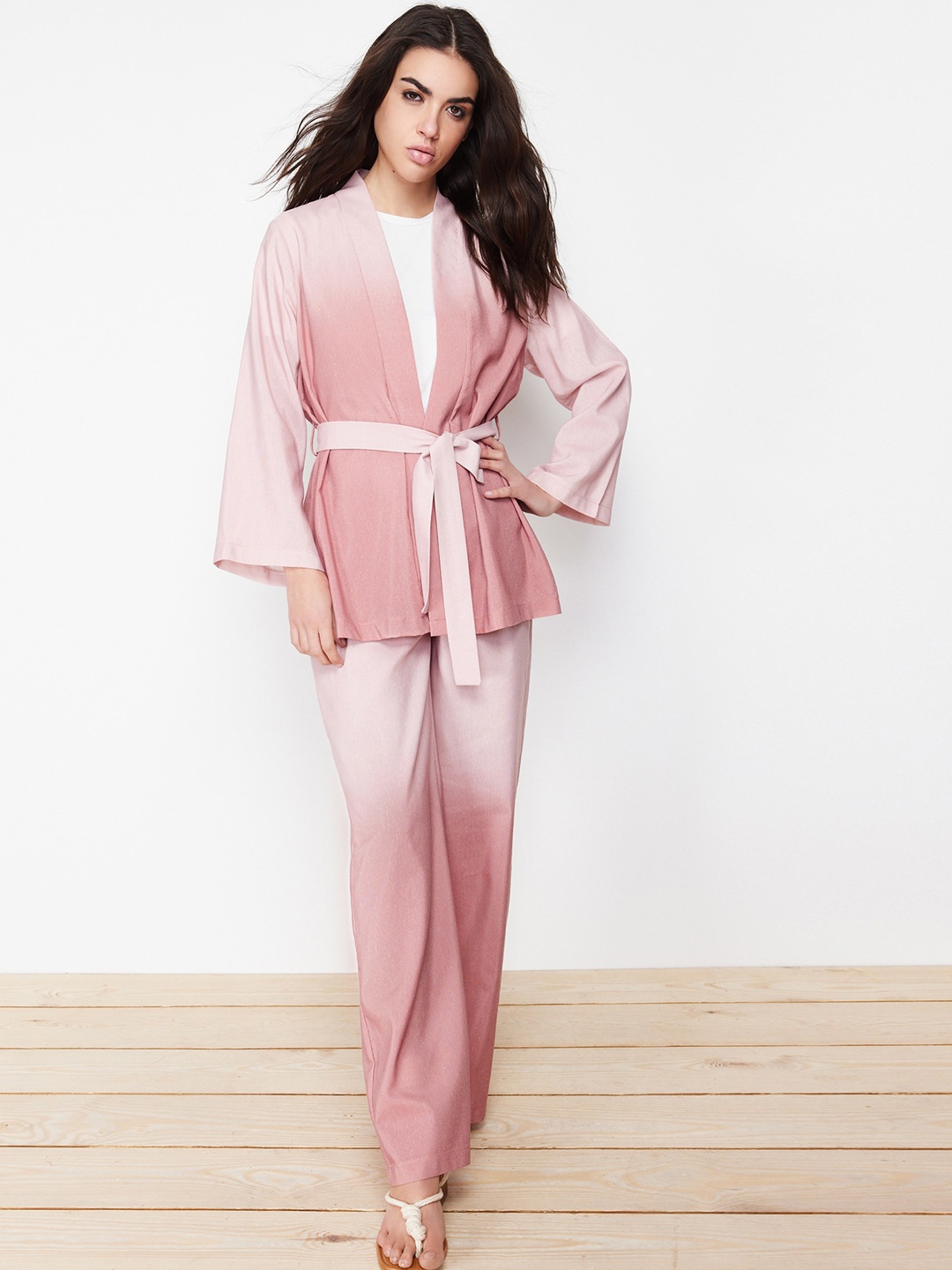 

Trendyol Dyed Shawl Collar Top With Trouser Co-Ords, Pink