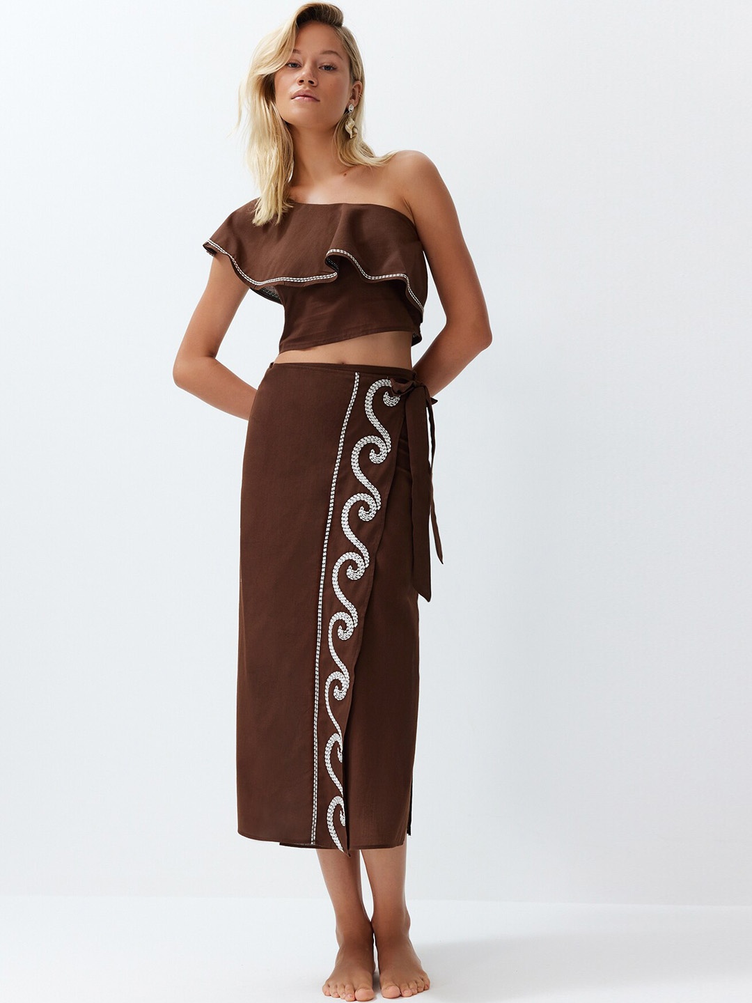 

Trendyol Printed One Shoulder Pure Cotton Top With Skirt, Brown
