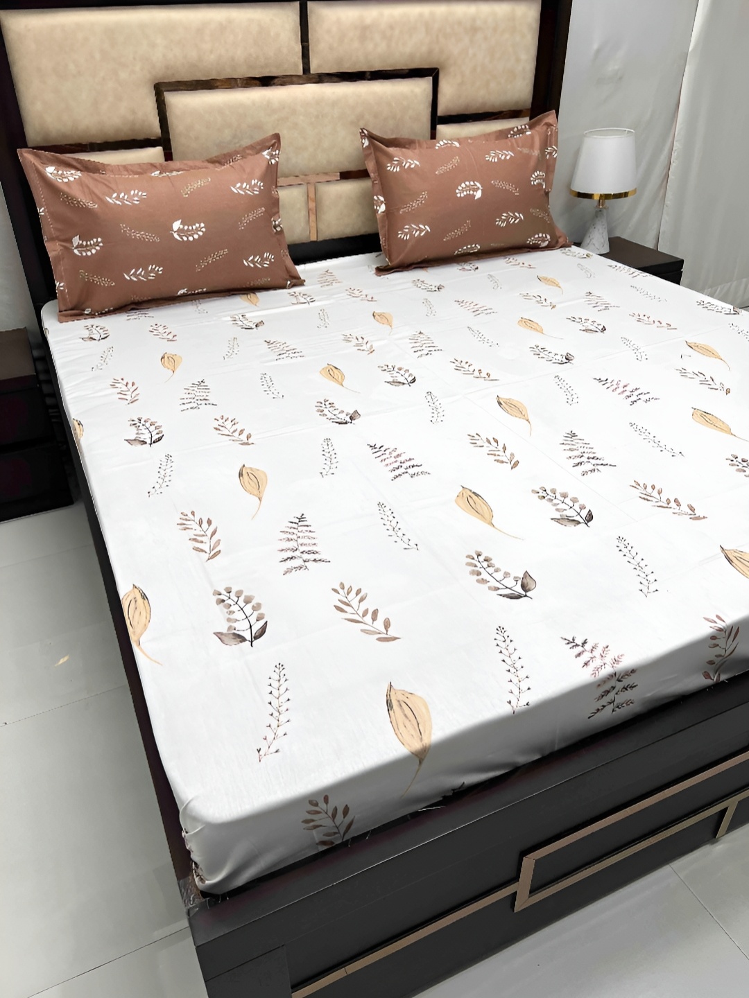 

Pure Decor White & Brown Floral Cotton 380 TC King Bedsheet with 2 Pillow Covers