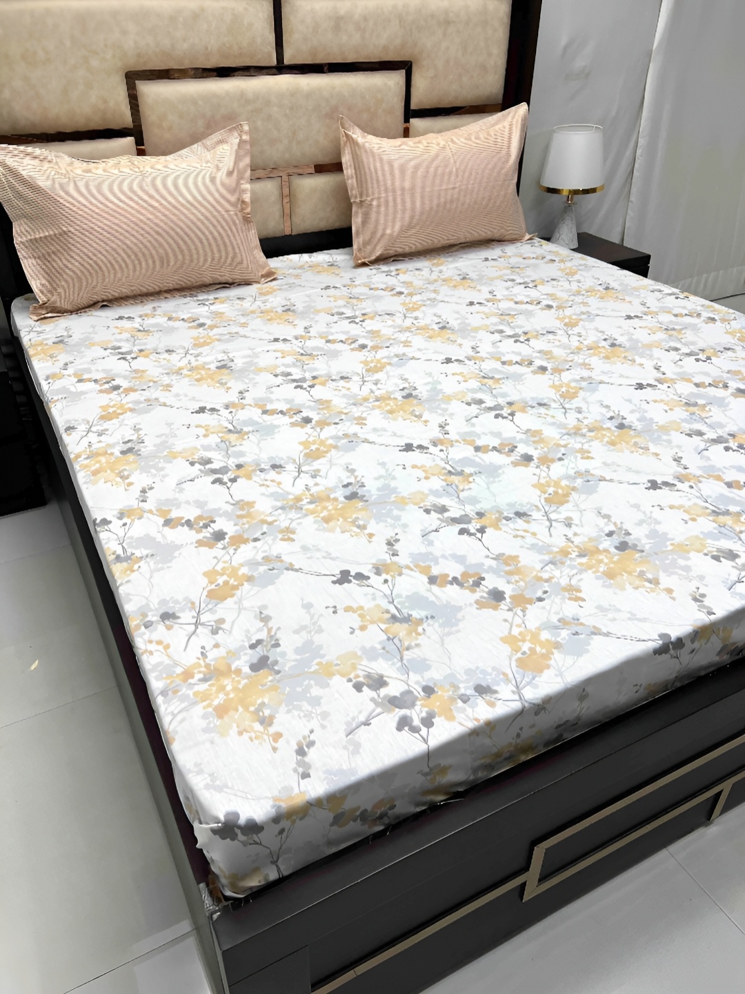 

Pure Decor White & Brown Floral Cotton 380 TC King Bedsheet with 2 Pillow Covers