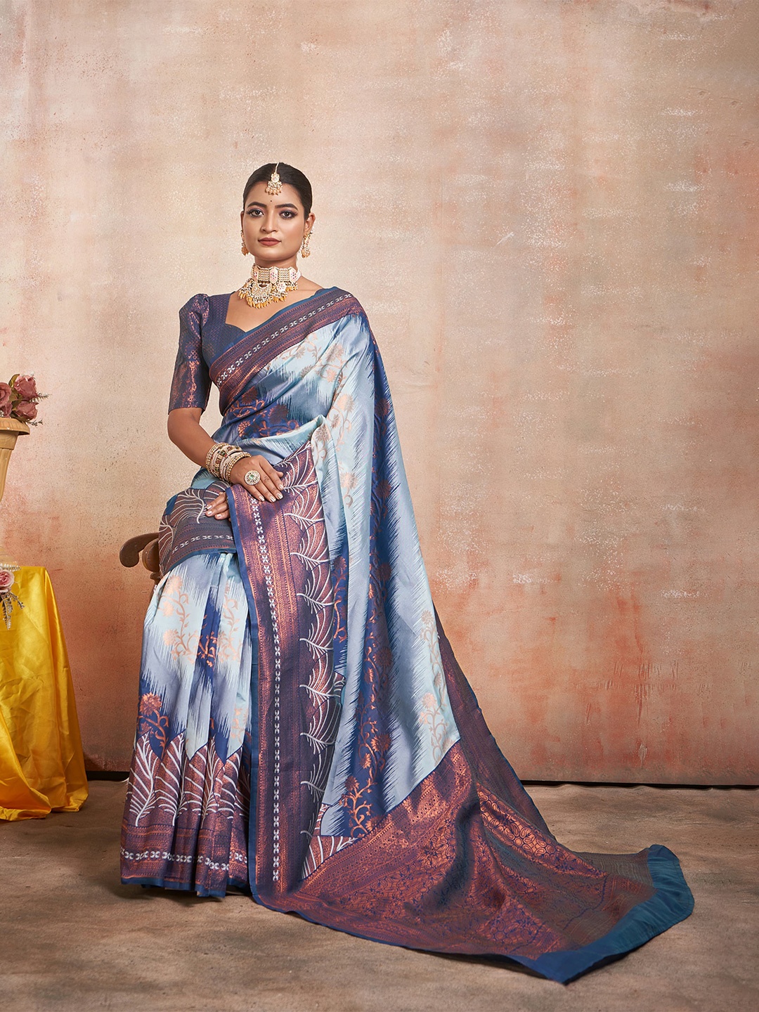 

KALINI Woven Design Zari Kanjeevaram Saree, Blue