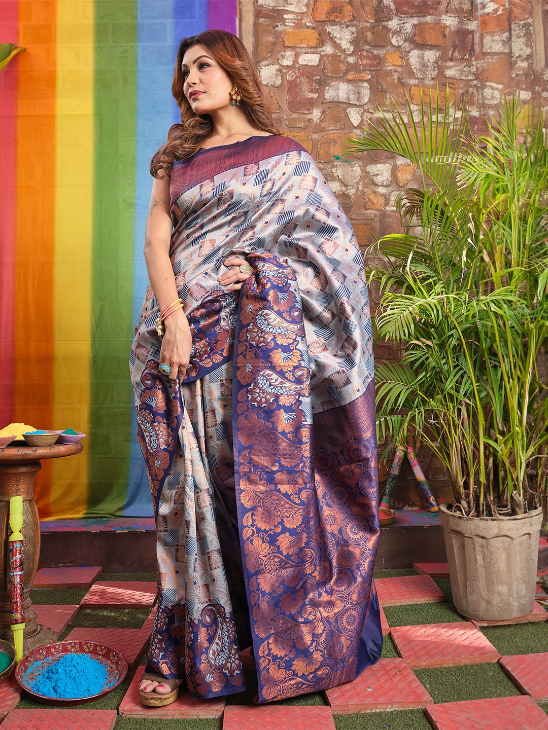 

KALINI Ethnic Motifs Woven Design Zari Kanjeevaram Saree, Navy blue