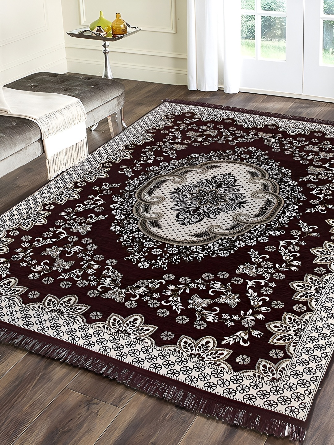 

Sparrow world Brown & White Floral Printed Carpet