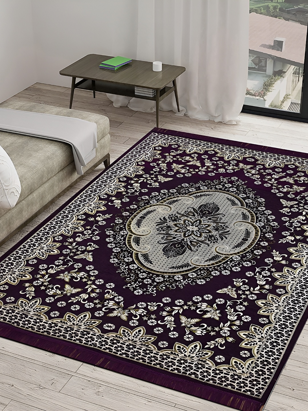 

Sparrow world Purple & White Floral Printed Rectangular Carpet