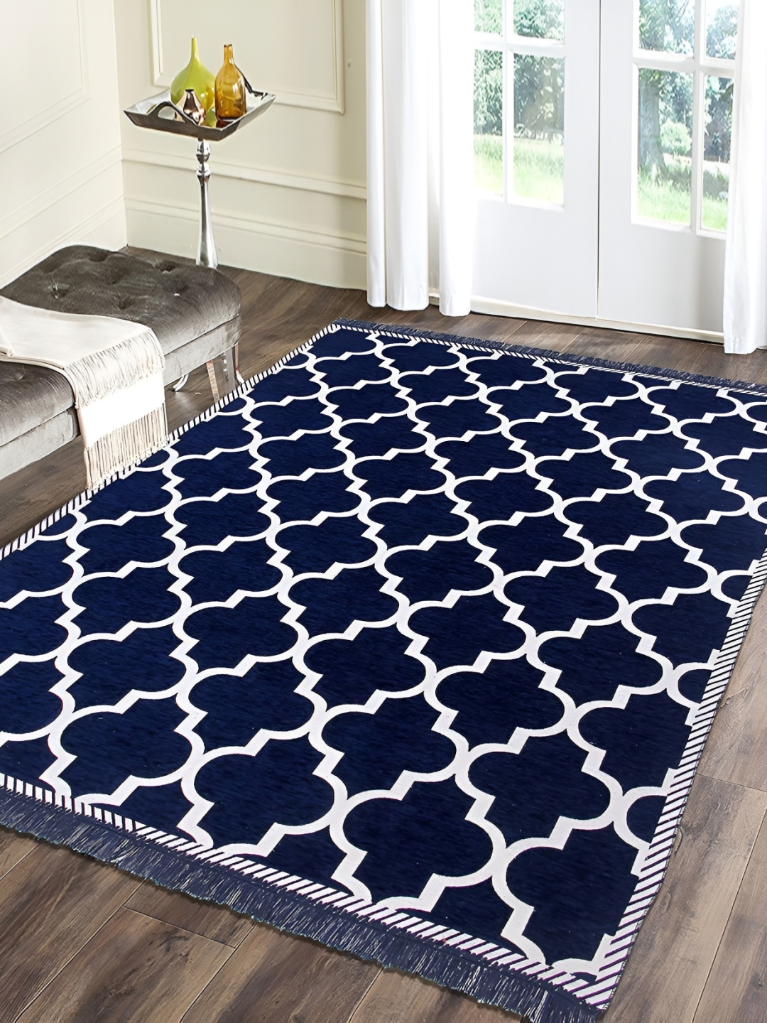 

Sparrow world Blue & White Geometric Printed Velvet Chennille Rectangular Carpet